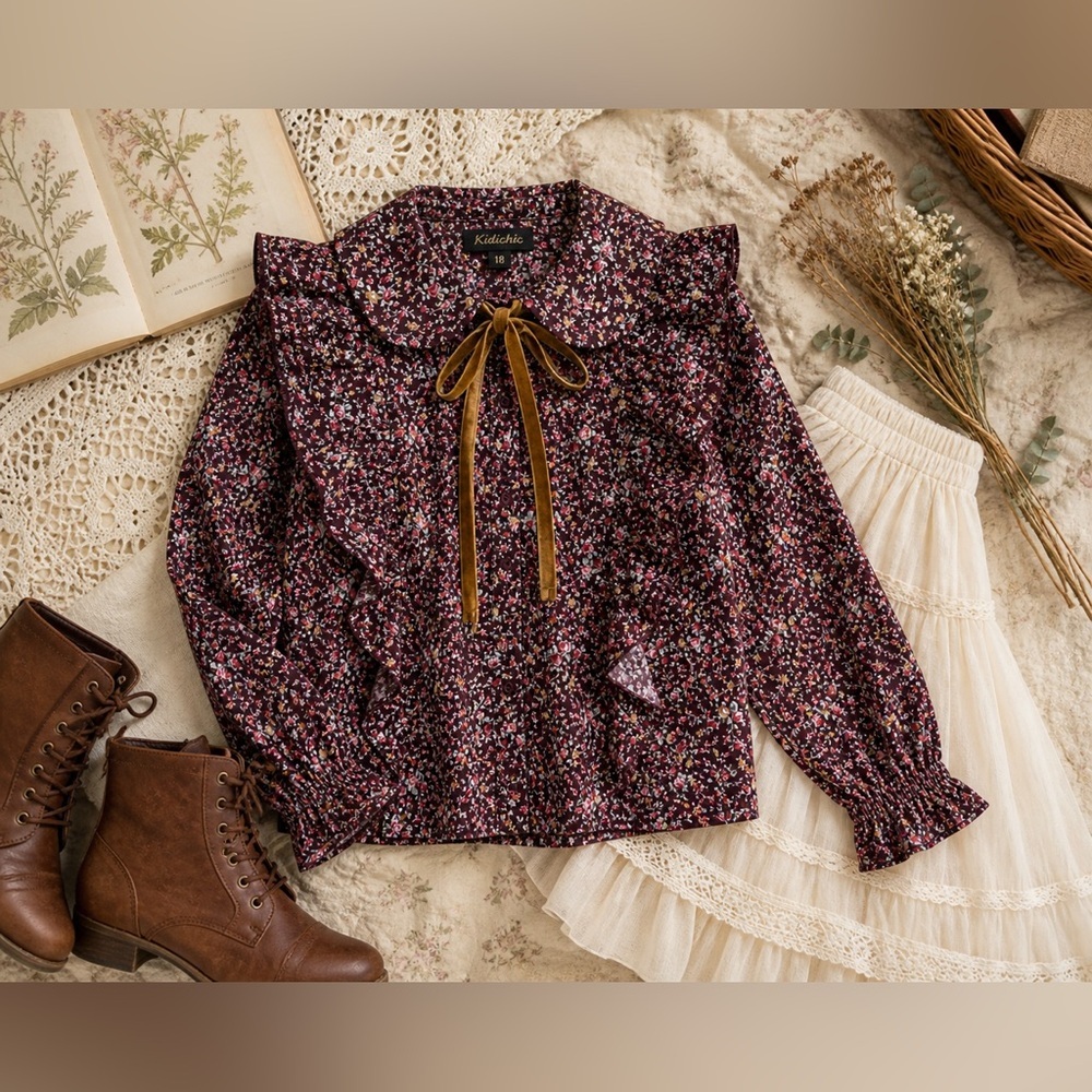 KidiChic Floral Ruffle Blouse – Burgundy Vintage-Inspired - Picture 9 of 9